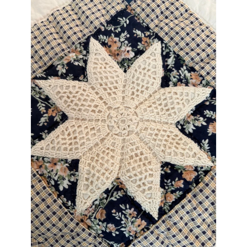 Vintage Handmade Quilt Hand Quilted Star Pattern Crochet Applique Cottagecore